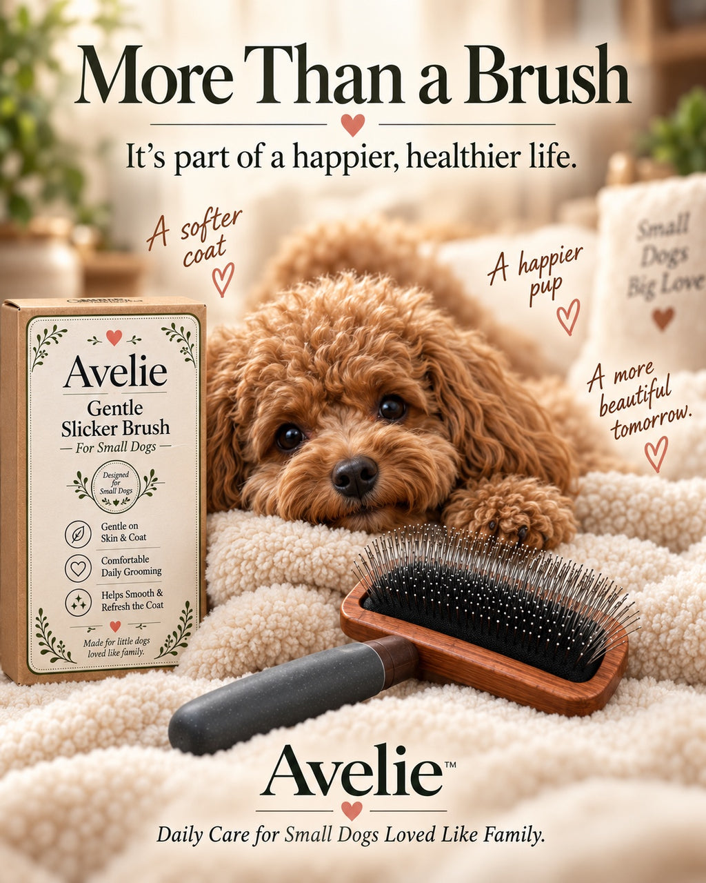 Avelie slicker brush lifestyle image with small dog